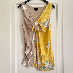 Deletta Anthropologie Two-Panel Silk Front Tie V-Neck Tank Yellow Tan Aqua Sz XS